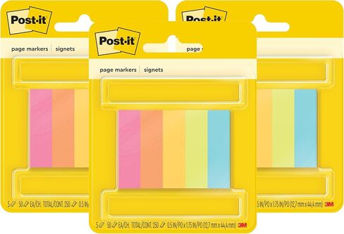 Post-it Page Markers, Assorted Colors, 0.5 in x 1.75 in (12.7 mm x 44.4 mm), 3 Pack (15 Pads, 750 Markers), Writable Repositionable Flags for Books, Notes & Filing, 100% PEFC in Saudi Arabia