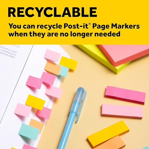 Post-it Page Markers, Assorted Colors, 0.5 in x 1.75 in (12.7 mm x 44.4 mm), 3 Pack (15 Pads, 750 Markers), Writable Repositionable Flags for Books, Notes & Filing, 100% PEFC in Saudi Arabia