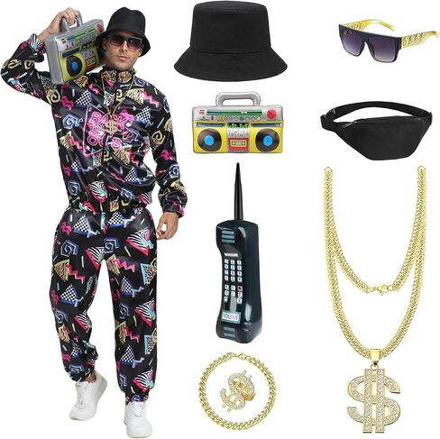 Retro 80s 90s Outfit for Men – 10-Pcs Vintage Costume Tracksuit Streetwear with Hip Hop Accessories in Saudi Arabia
