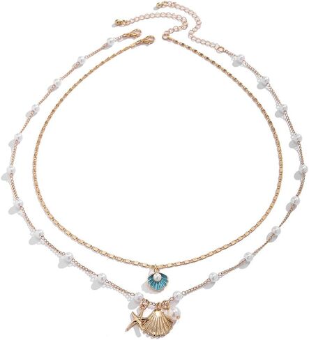 Natural Shell Necklace Handmade Seashell Turtle Starfish Adjustable Pearl Choker Necklace for Women Layered Pearl Necklaces Summer Boho Hawaii Beach Holiday Jewelry in Kuwait