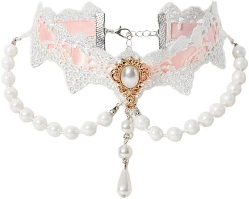 Elegant Gothic Lace Rose Choker Necklace Halloween Vintage Pearl Necklaces Halloween Victorian Lolita Costume Accessories Bridal Wedding(Pink White) in Saudi Arabia