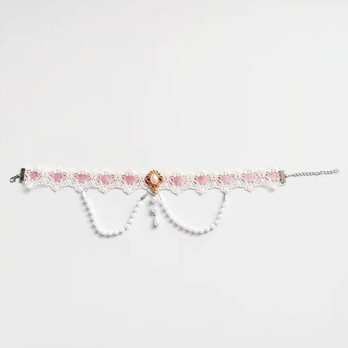 Elegant Gothic Lace Rose Choker Necklace Halloween Vintage Pearl Necklaces Halloween Victorian Lolita Costume Accessories Bridal Wedding(Pink White) in Saudi Arabia