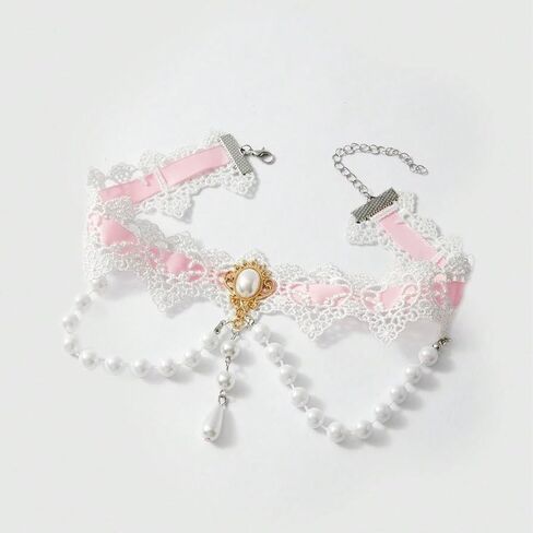 Elegant Gothic Lace Rose Choker Necklace Halloween Vintage Pearl Necklaces Halloween Victorian Lolita Costume Accessories Bridal Wedding(Pink White) in Saudi Arabia