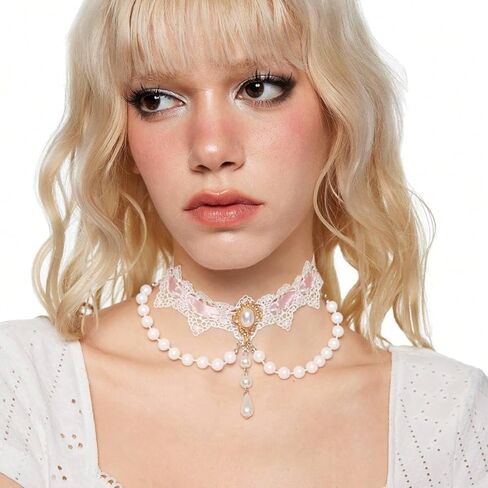 Elegant Gothic Lace Rose Choker Necklace Halloween Vintage Pearl Necklaces Halloween Victorian Lolita Costume Accessories Bridal Wedding(Pink White) in Saudi Arabia