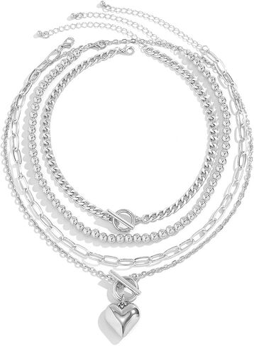 GIGB PBDK 4Pcs Beaded Heart Necklace Sets for Women Gold Layered Stackable Paper Clip Chain Choker Punk Heart Link Collarbone Necklace Jewelry Gifts in Saudi Arabia