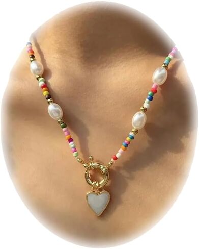 Colorful Beaded Heart Pendant Necklace for Women Boho Gold Bead Choker Necklace Handmade Pearl Beaded Necklace Jewelry Gift Trend Flower Clavicle Necklaces in Kuwait