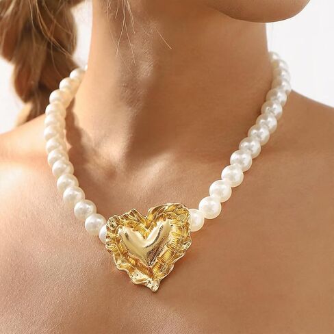 Chunky Y2k Pearls Heart Choker Necklace for Women Dainty Large Geometric Textured Love Shaped Statement Necklaces Fashion Pearl Beaded Jewelry Gifts in Kuwait