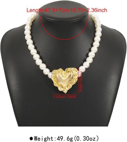 Chunky Y2k Pearls Heart Choker Necklace for Women Dainty Large Geometric Textured Love Shaped Statement Necklaces Fashion Pearl Beaded Jewelry Gifts in Kuwait