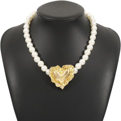 Chunky Y2k Pearls Heart Choker Necklace for Women Dainty Large Geometric Textured Love Shaped Statement Necklaces Fashion Pearl Beaded Jewelry Gifts in Kuwait