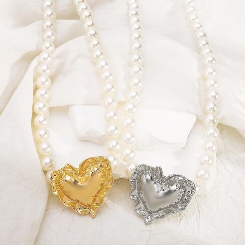 Chunky Y2k Pearls Heart Choker Necklace for Women Dainty Large Geometric Textured Love Shaped Statement Necklaces Fashion Pearl Beaded Jewelry Gifts in Kuwait
