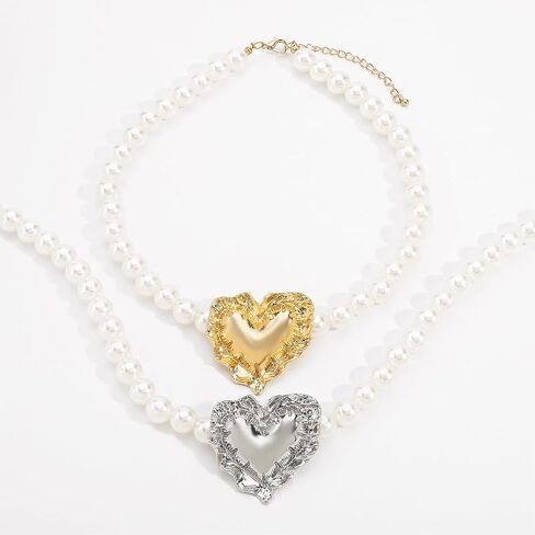Chunky Y2k Pearls Heart Choker Necklace for Women Dainty Large Geometric Textured Love Shaped Statement Necklaces Fashion Pearl Beaded Jewelry Gifts in Kuwait