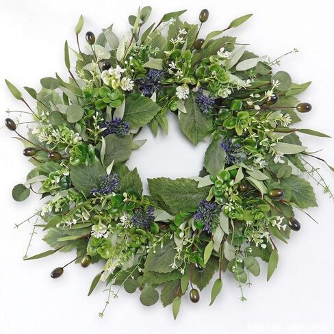 Wreaths for Front Door 21 Inch Artificial Wreath with Eucalyptus Olive Boxwood Leaves Spring Purple Berries Wreaths for Indoor Outdoor Wall Window Home Garden Wedding Decor (Green, 21Inch) in Kuwait