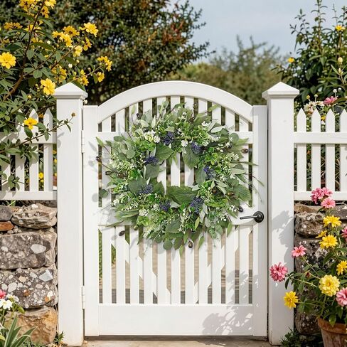 Wreaths for Front Door 21 Inch Artificial Wreath with Eucalyptus Olive Boxwood Leaves Spring Purple Berries Wreaths for Indoor Outdoor Wall Window Home Garden Wedding Decor (Green, 21Inch) in Kuwait