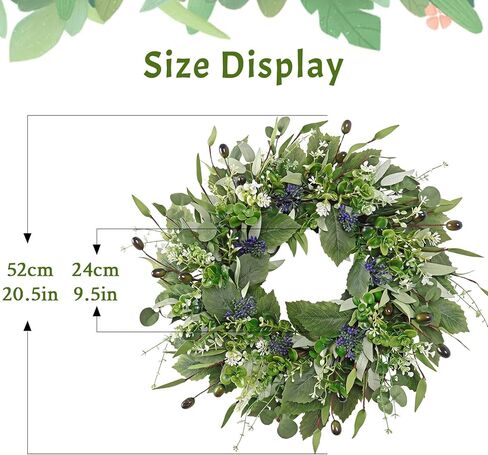 Wreaths for Front Door 21 Inch Artificial Wreath with Eucalyptus Olive Boxwood Leaves Spring Purple Berries Wreaths for Indoor Outdoor Wall Window Home Garden Wedding Decor (Green, 21Inch) in Kuwait
