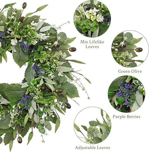 Wreaths for Front Door 21 Inch Artificial Wreath with Eucalyptus Olive Boxwood Leaves Spring Purple Berries Wreaths for Indoor Outdoor Wall Window Home Garden Wedding Decor (Green, 21Inch) in Kuwait