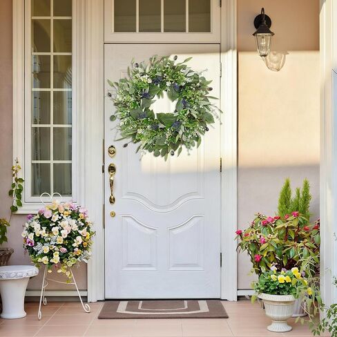 Wreaths for Front Door 21 Inch Artificial Wreath with Eucalyptus Olive Boxwood Leaves Spring Purple Berries Wreaths for Indoor Outdoor Wall Window Home Garden Wedding Decor (Green, 21Inch) in Kuwait