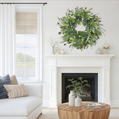 Wreaths for Front Door 21 Inch Artificial Wreath with Eucalyptus Olive Boxwood Leaves Spring Purple Berries Wreaths for Indoor Outdoor Wall Window Home Garden Wedding Decor (Green, 21Inch) in Kuwait