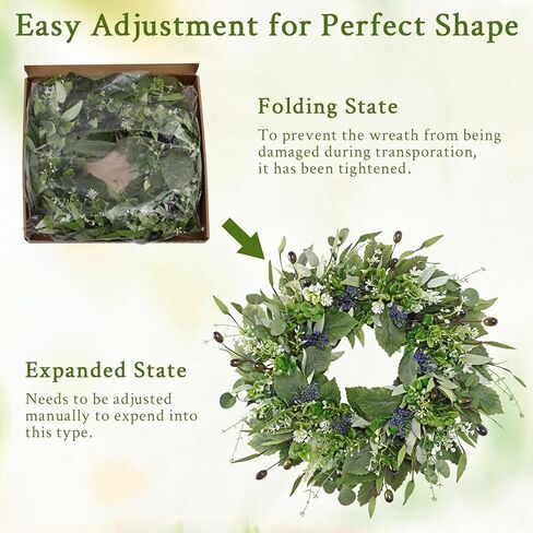 Wreaths for Front Door 21 Inch Artificial Wreath with Eucalyptus Olive Boxwood Leaves Spring Purple Berries Wreaths for Indoor Outdoor Wall Window Home Garden Wedding Decor (Green, 21Inch) in Kuwait