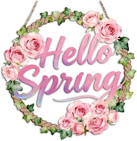 إكليل الباب الخشبي للديكور الربيعي لعلامات الحائط للباب الأمامي، علامة إكليل الزهور المجوفة مرحباً بالربيع للتعليق لديكور الحائط المنزلي ومستلزمات الحفلات وديكور عيد الفصح in Kuwait