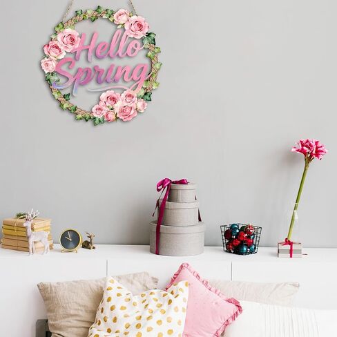 إكليل الباب الخشبي للديكور الربيعي لعلامات الحائط للباب الأمامي، علامة إكليل الزهور المجوفة مرحباً بالربيع للتعليق لديكور الحائط المنزلي ومستلزمات الحفلات وديكور عيد الفصح in Kuwait