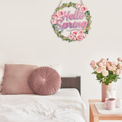 إكليل الباب الخشبي للديكور الربيعي لعلامات الحائط للباب الأمامي، علامة إكليل الزهور المجوفة مرحباً بالربيع للتعليق لديكور الحائط المنزلي ومستلزمات الحفلات وديكور عيد الفصح in Kuwait
