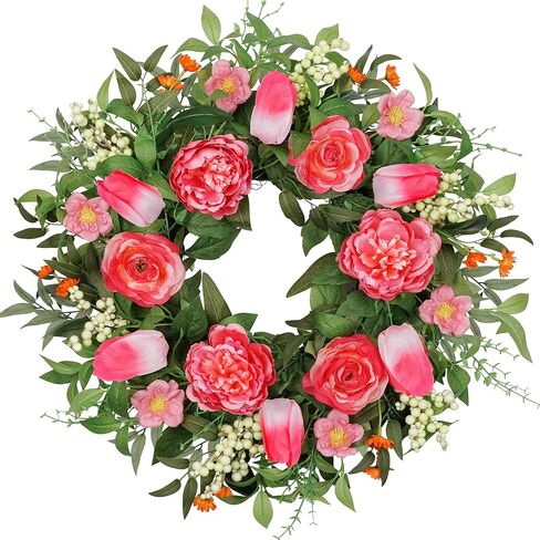 Vlorart 24 Inch Spring Summer Wreath Peony Wreath for Front Door with Pink Tulip, Eucalyptus Leaves, White Berries for Indoor Outdoor Wall Festival Home Farmhouse Wedding Decor in Kuwait