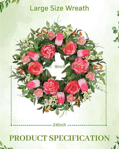 Vlorart 24 Inch Spring Summer Wreath Peony Wreath for Front Door with Pink Tulip, Eucalyptus Leaves, White Berries for Indoor Outdoor Wall Festival Home Farmhouse Wedding Decor in Kuwait