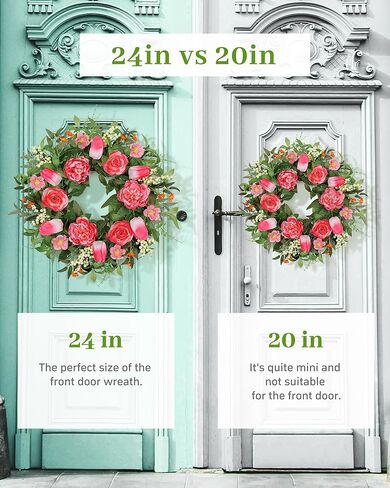 Vlorart 24 Inch Spring Summer Wreath Peony Wreath for Front Door with Pink Tulip, Eucalyptus Leaves, White Berries for Indoor Outdoor Wall Festival Home Farmhouse Wedding Decor in Kuwait