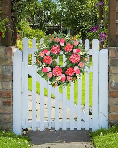 Vlorart 24 Inch Spring Summer Wreath Peony Wreath for Front Door with Pink Tulip, Eucalyptus Leaves, White Berries for Indoor Outdoor Wall Festival Home Farmhouse Wedding Decor in Kuwait