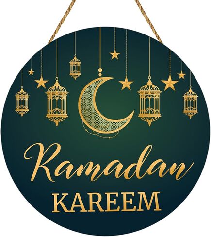 yunkkin رمضان باب الديكور رمضان كريم علامة القمر فانوس اكليلا من الزهور شنقا لوحة عيد مبارك الزينة اكليلا من الخشب للباب الأمامي شماعات لجدار الشرفة مسلم ديكور المنزل الداخلي (أسود) in Saudi Arabia