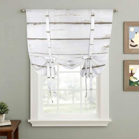 White Wood Grain Tie Up Curtains for Window, Vintage Farmhouse Wooden Board Thermal Insulated Balloon Shade Adjustable Rod Pocket Curtains Valance Panels for Kitchen Bathroom Café 46'' x 63'' in Saudi Arabia