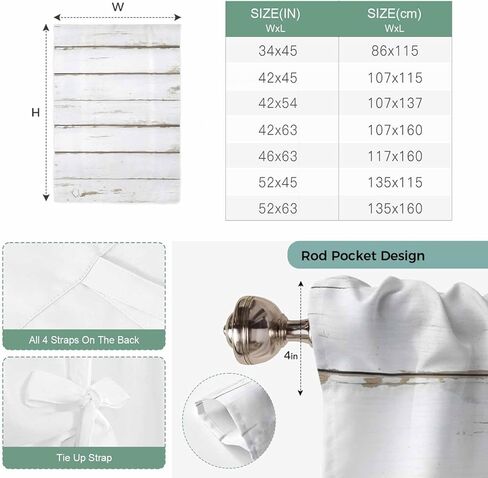 White Wood Grain Tie Up Curtains for Window, Vintage Farmhouse Wooden Board Thermal Insulated Balloon Shade Adjustable Rod Pocket Curtains Valance Panels for Kitchen Bathroom Café 46'' x 63'' in Saudi Arabia