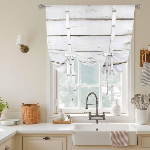 White Wood Grain Tie Up Curtains for Window, Vintage Farmhouse Wooden Board Thermal Insulated Balloon Shade Adjustable Rod Pocket Curtains Valance Panels for Kitchen Bathroom Café 46'' x 63'' in Saudi Arabia