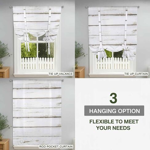 White Wood Grain Tie Up Curtains for Window, Vintage Farmhouse Wooden Board Thermal Insulated Balloon Shade Adjustable Rod Pocket Curtains Valance Panels for Kitchen Bathroom Café 46'' x 63'' in Saudi Arabia