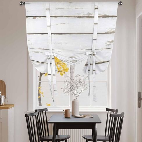 White Wood Grain Tie Up Curtains for Window, Vintage Farmhouse Wooden Board Thermal Insulated Balloon Shade Adjustable Rod Pocket Curtains Valance Panels for Kitchen Bathroom Café 46'' x 63'' in Saudi Arabia