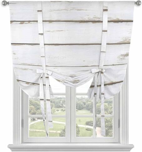 White Wood Grain Tie Up Curtains for Window, Vintage Farmhouse Wooden Board Thermal Insulated Balloon Shade Adjustable Rod Pocket Curtains Valance Panels for Kitchen Bathroom Café 46'' x 63'' in Saudi Arabia