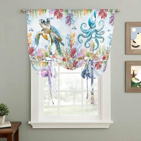 Blue Coastal Tie Up Curtains for Window, Summer Beach Sea Turtle Octopus Jellyfish Seahorse Thermal Insulated Balloon Shade Rod Pocket Curtains Valance Panels for Kitchen Bathroom Café 52'' x 63'' in Saudi Arabia