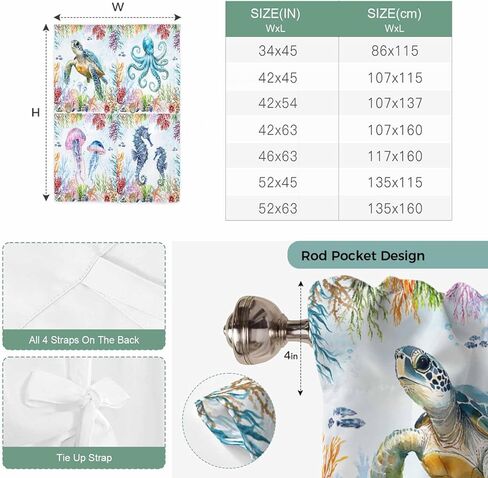 Blue Coastal Tie Up Curtains for Window, Summer Beach Sea Turtle Octopus Jellyfish Seahorse Thermal Insulated Balloon Shade Rod Pocket Curtains Valance Panels for Kitchen Bathroom Café 52'' x 63'' in Saudi Arabia