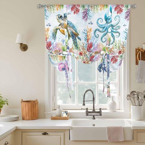 Blue Coastal Tie Up Curtains for Window, Summer Beach Sea Turtle Octopus Jellyfish Seahorse Thermal Insulated Balloon Shade Rod Pocket Curtains Valance Panels for Kitchen Bathroom Café 52'' x 63'' in Saudi Arabia