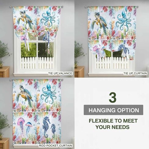 Blue Coastal Tie Up Curtains for Window, Summer Beach Sea Turtle Octopus Jellyfish Seahorse Thermal Insulated Balloon Shade Rod Pocket Curtains Valance Panels for Kitchen Bathroom Café 52'' x 63'' in Saudi Arabia