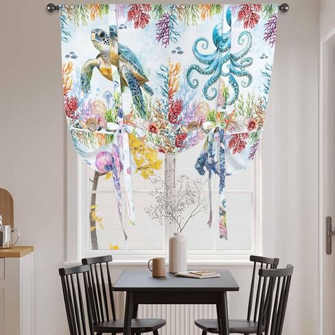 Blue Coastal Tie Up Curtains for Window, Summer Beach Sea Turtle Octopus Jellyfish Seahorse Thermal Insulated Balloon Shade Rod Pocket Curtains Valance Panels for Kitchen Bathroom Café 52'' x 63'' in Saudi Arabia