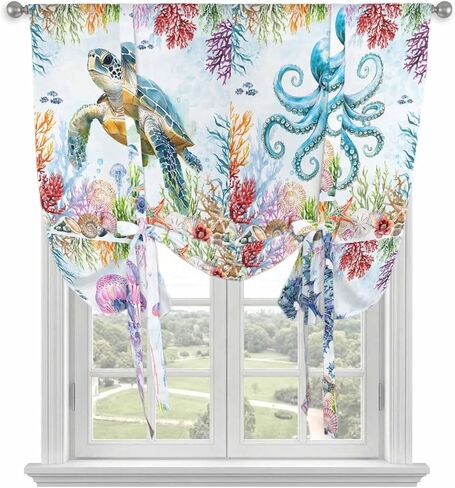 Blue Coastal Tie Up Curtains for Window, Summer Beach Sea Turtle Octopus Jellyfish Seahorse Thermal Insulated Balloon Shade Rod Pocket Curtains Valance Panels for Kitchen Bathroom Café 52'' x 63'' in Saudi Arabia