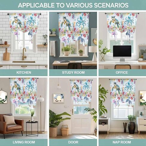 Blue Coastal Tie Up Curtains for Window, Summer Beach Sea Turtle Octopus Jellyfish Seahorse Thermal Insulated Balloon Shade Rod Pocket Curtains Valance Panels for Kitchen Bathroom Café 52'' x 63'' in Saudi Arabia