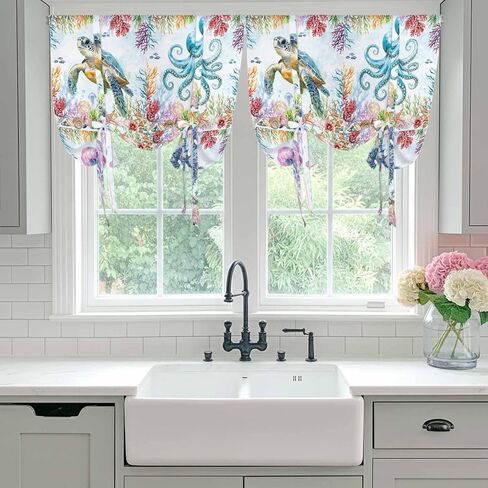 Blue Coastal Tie Up Curtains for Window, Summer Beach Sea Turtle Octopus Jellyfish Seahorse Thermal Insulated Balloon Shade Rod Pocket Curtains Valance Panels for Kitchen Bathroom Café 52'' x 63'' in Saudi Arabia
