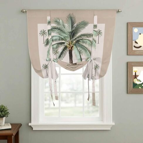 Palm Trees Tie Up Curtains for Window, Brown Tropical Plants Summer Green Thermal Insulated Balloon Shade Adjustable Rod Pocket Curtains Valance Panels for Kitchen Bathroom Café 52'' x 63'' in Saudi Arabia