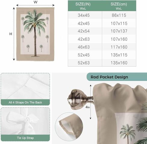 Palm Trees Tie Up Curtains for Window, Brown Tropical Plants Summer Green Thermal Insulated Balloon Shade Adjustable Rod Pocket Curtains Valance Panels for Kitchen Bathroom Café 52'' x 63'' in Saudi Arabia
