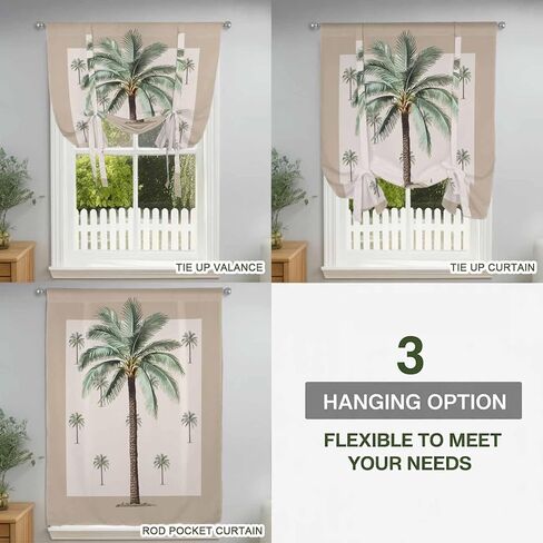 Palm Trees Tie Up Curtains for Window, Brown Tropical Plants Summer Green Thermal Insulated Balloon Shade Adjustable Rod Pocket Curtains Valance Panels for Kitchen Bathroom Café 52'' x 63'' in Saudi Arabia