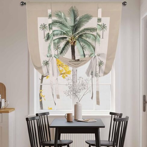Palm Trees Tie Up Curtains for Window, Brown Tropical Plants Summer Green Thermal Insulated Balloon Shade Adjustable Rod Pocket Curtains Valance Panels for Kitchen Bathroom Café 52'' x 63'' in Saudi Arabia