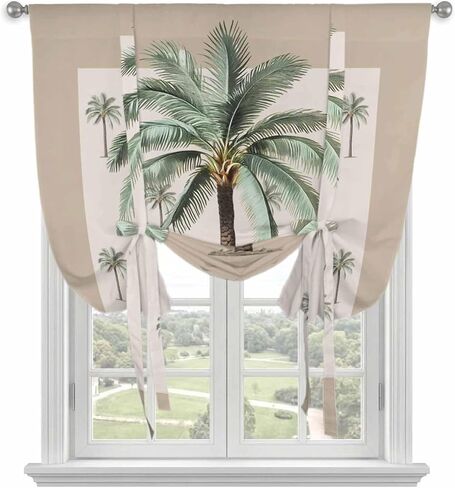 Palm Trees Tie Up Curtains for Window, Brown Tropical Plants Summer Green Thermal Insulated Balloon Shade Adjustable Rod Pocket Curtains Valance Panels for Kitchen Bathroom Café 52'' x 63'' in Saudi Arabia