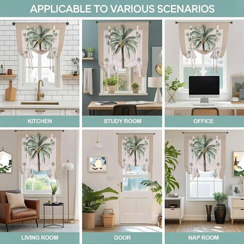 Palm Trees Tie Up Curtains for Window, Brown Tropical Plants Summer Green Thermal Insulated Balloon Shade Adjustable Rod Pocket Curtains Valance Panels for Kitchen Bathroom Café 52'' x 63'' in Saudi Arabia